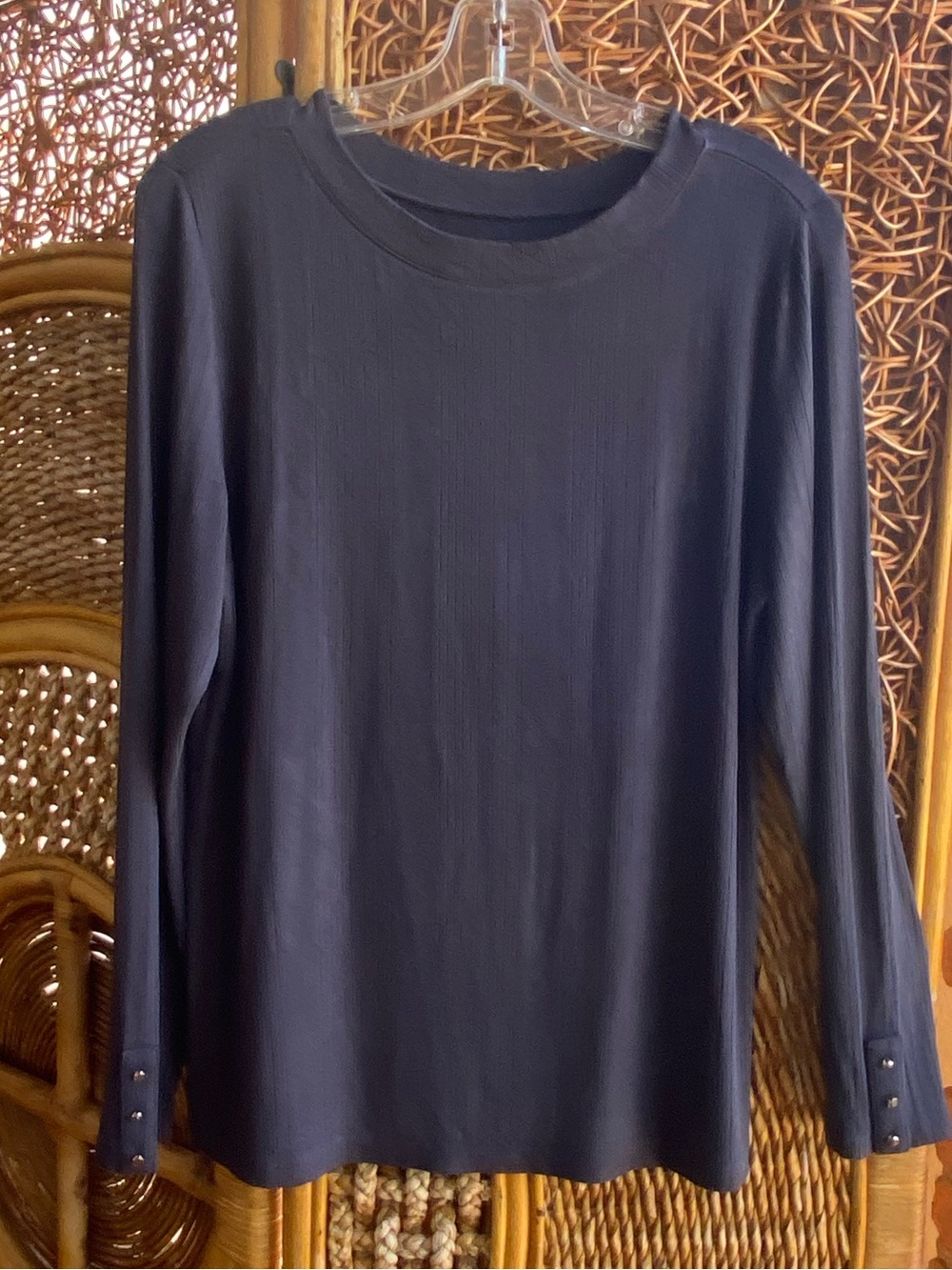 LOFT Charcoal Long Sleeve Crewneck Sweater with Button Cuff Detail